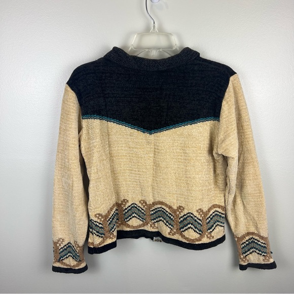 Vintage Wrangler Zip Chenille Sweater Jacket M Tan Blue Horseshoe Detail at Hem - Picture 2 of 7